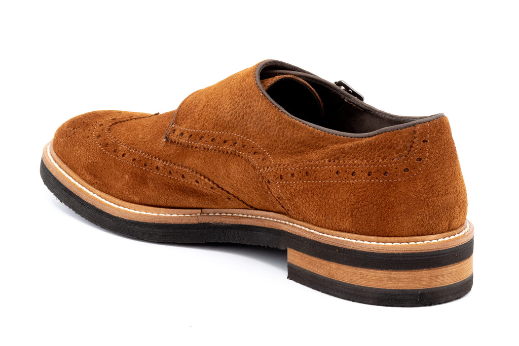 Tuscan Italian Calf Suede Leather Double Buckle Wingtip - Tobacco - Back