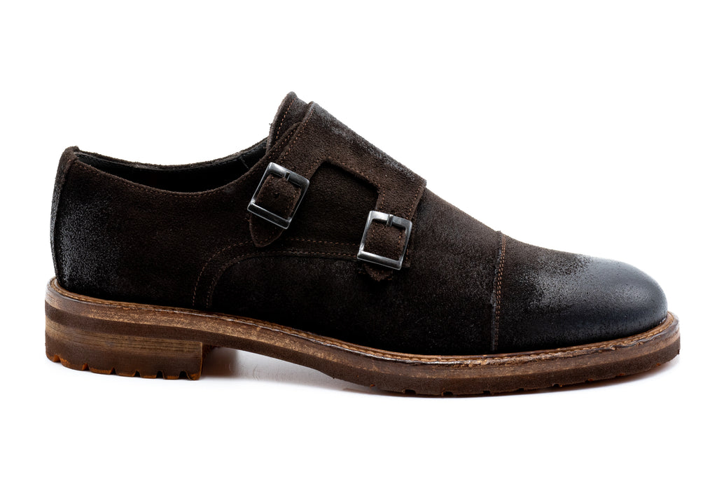Napoili Waxed Italian Suede Leather Double Buckle Cap Toe - Black Walnut - Front