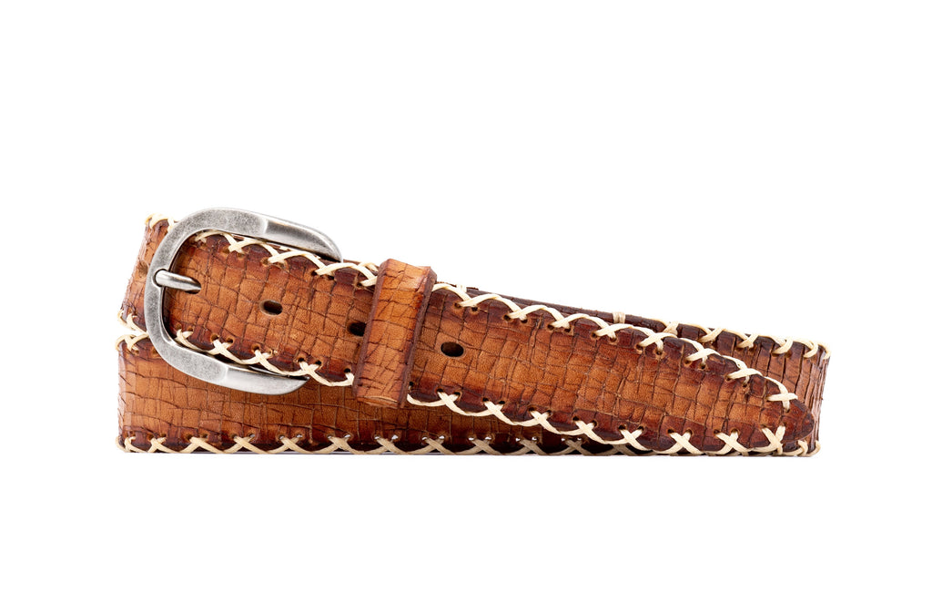 Artisan Hand Laced "X" Stitched Cross Cut Italian Bridle Leather Belt - Saddle Tan