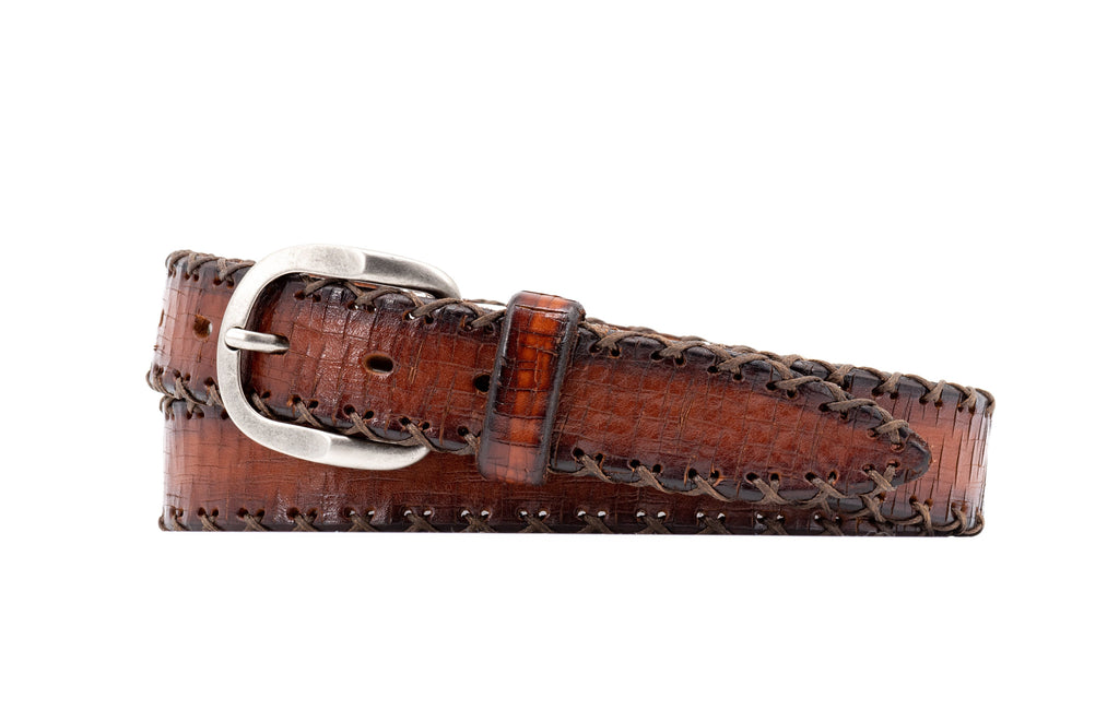Artisan Hand Laced "X" Stitched Cross Cut Italian Bridle Leather Belt - Chestnut