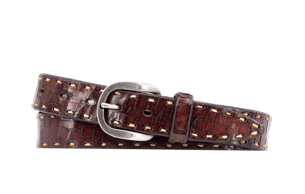 Artisan Lace Cross Cut Italian Bridle Leather Belt - Walnut with two toned hand laced edges