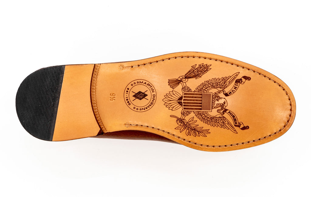 All American Saddle Leather Penny Loafers - Rust - bottom with bald eagle