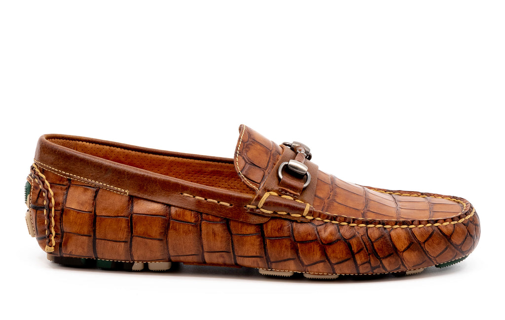 Monte Carlo Hand Finished Alligator Grain Leather Horse Bit Driving Loafers - Chestnut - Side
