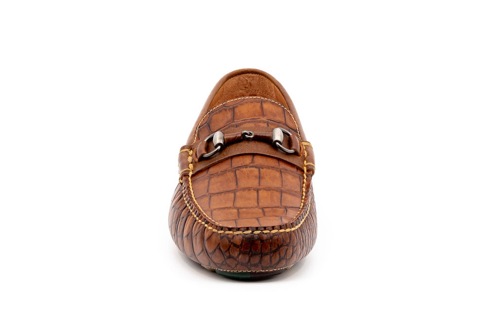 Monte Carlo Hand Finished Alligator Grain Leather Horse Bit Driving Loafers - Chestnut - Front