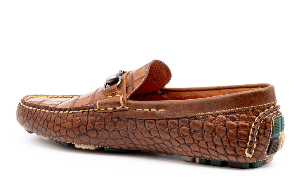 Monte Carlo Hand Finished Alligator Grain Leather Horse Bit Driving Loafers - Chestnut - Back