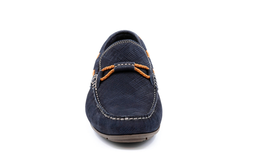 Bermuda Water Repellent Linen Print Nubuck Leather Braided Bit Loafers - Navy - Front
