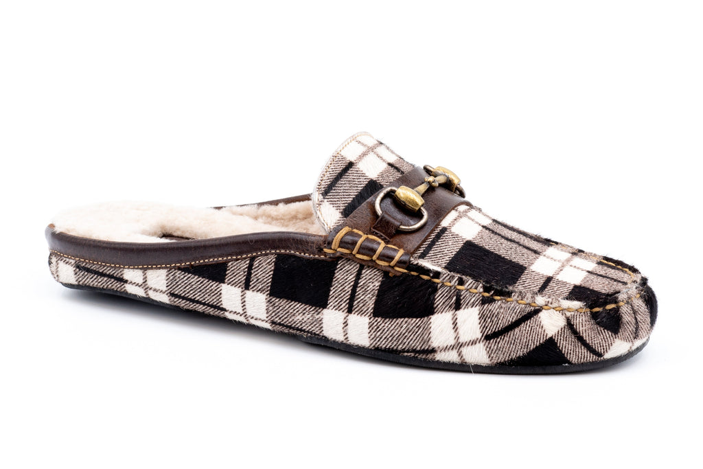 Cozy Country "Hair On" Plaid PrintLeather Slides - Black/White - Side
