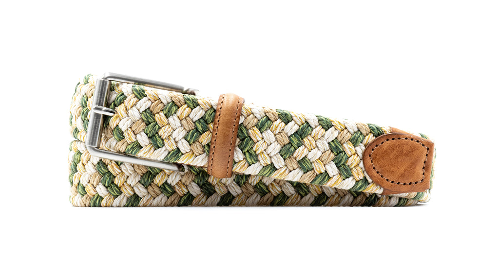 Como Braided Italian Linen and Elastic Belt - Palm with Bridle Leather Trim