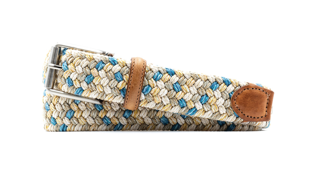 Como Braided Italian Linen and Elastic Belt - Blue Lagoon with Bridle Leather Trim