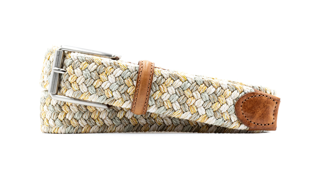 Como Braided Italian Linen and Elastic Belt - Coconut with Bridle Leather Trim