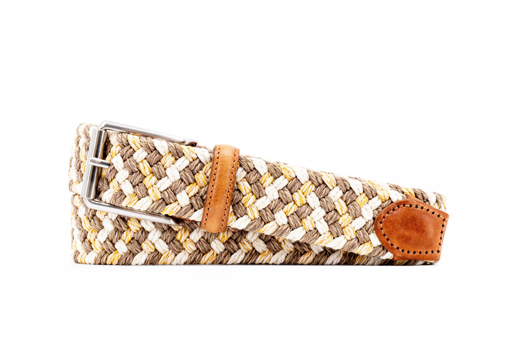 Como Braided Italian Linen and Elastic Belt - Sand/Khaki with Bridle Leather Trim