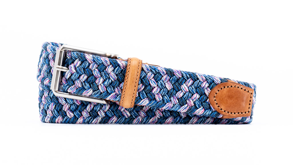 Como Braided Italian Linen and Elastic Belt - Marine/Pink Multi with Bridle Leather Trim
