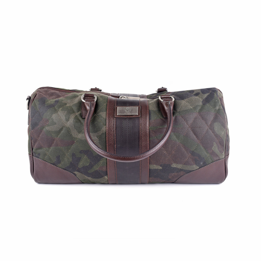Field Quilted Waxed Cotton Duffel - Green Camo with Tumbled Saddle Leather Trim