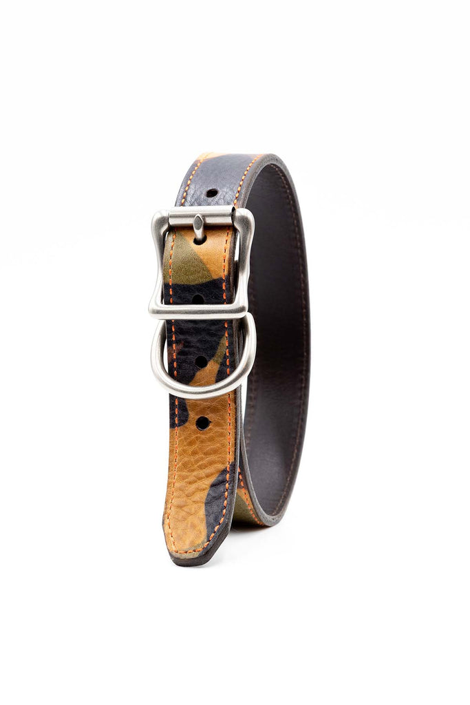 Handcrafted Royal Sporting Dog Collar in the color Woodland Camo made of Italian Bridle Leather