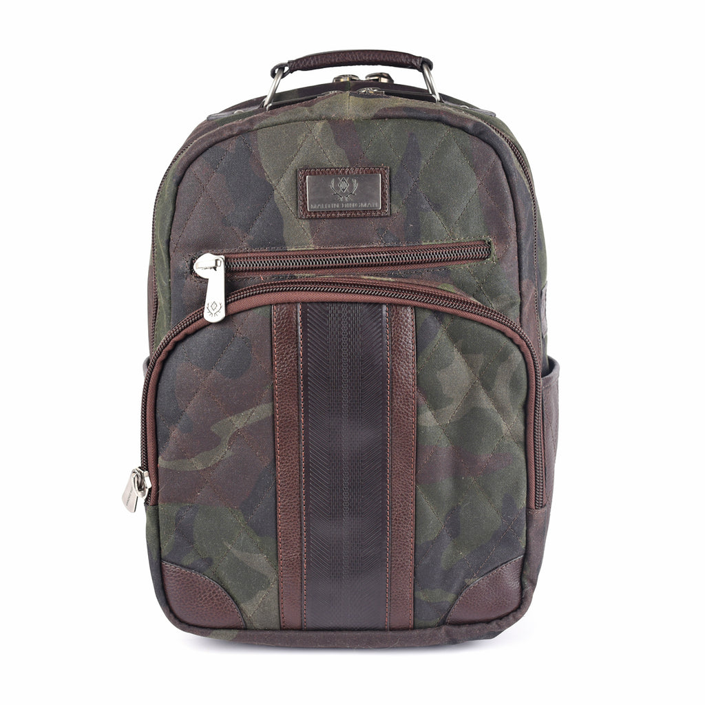 Field Quilted Waxed Cotton Backpack - Green Camo with Tumbled Saddle Leather Trim
