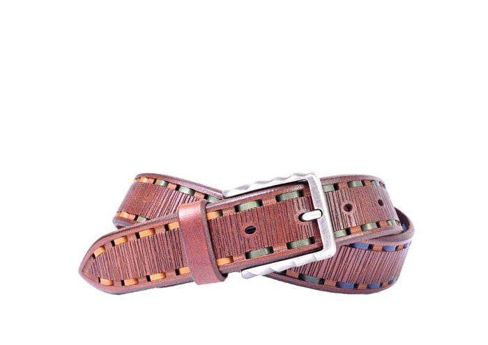 Artisan Laser Etched Italian Bridle Leather Belt - Chestnut with Hand Sewn Spaced Dyed Thread