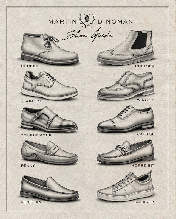 Martin Dingman shoe guide showing ten classic men's shoe styles