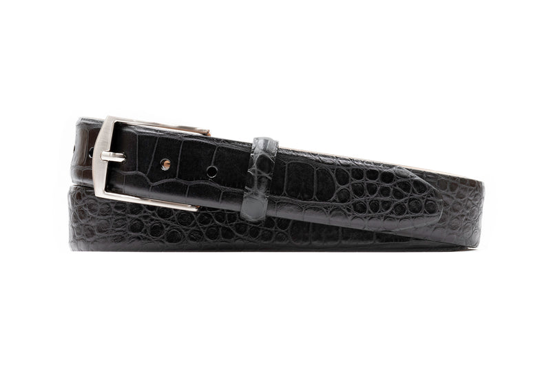 William 2 Buckle Italian Alligator Grain Leather Belt - Black