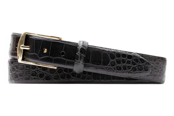 William 2 Buckle Italian Alligator Grain Leather Belt - Black