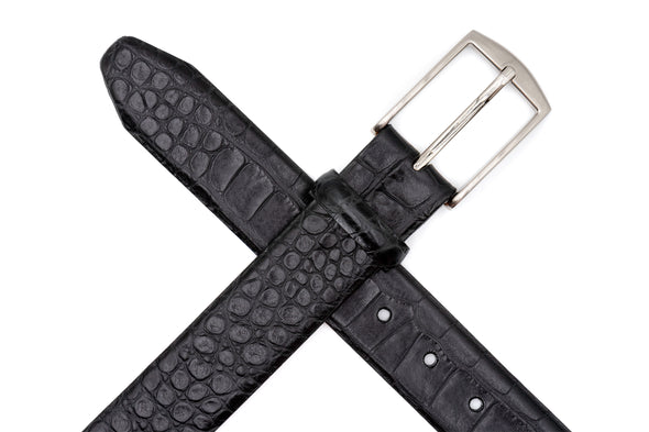 William 2 Buckle Italian Alligator Grain Leather Belt - Black