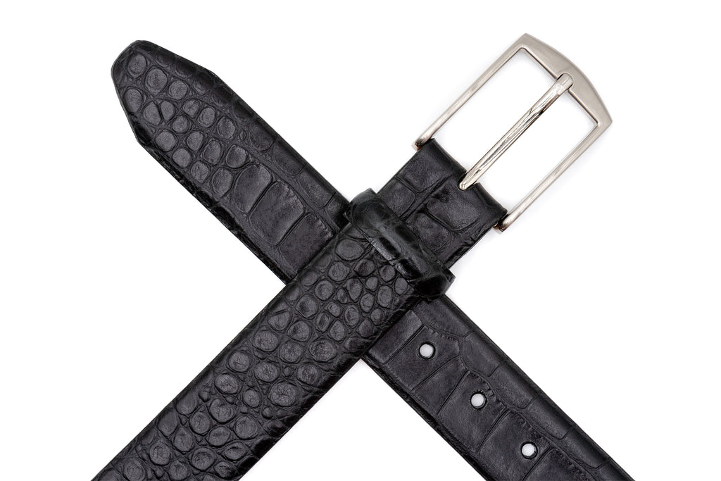 William 2 Buckle Alligator Grain Italian Calf Leather Belt - Black