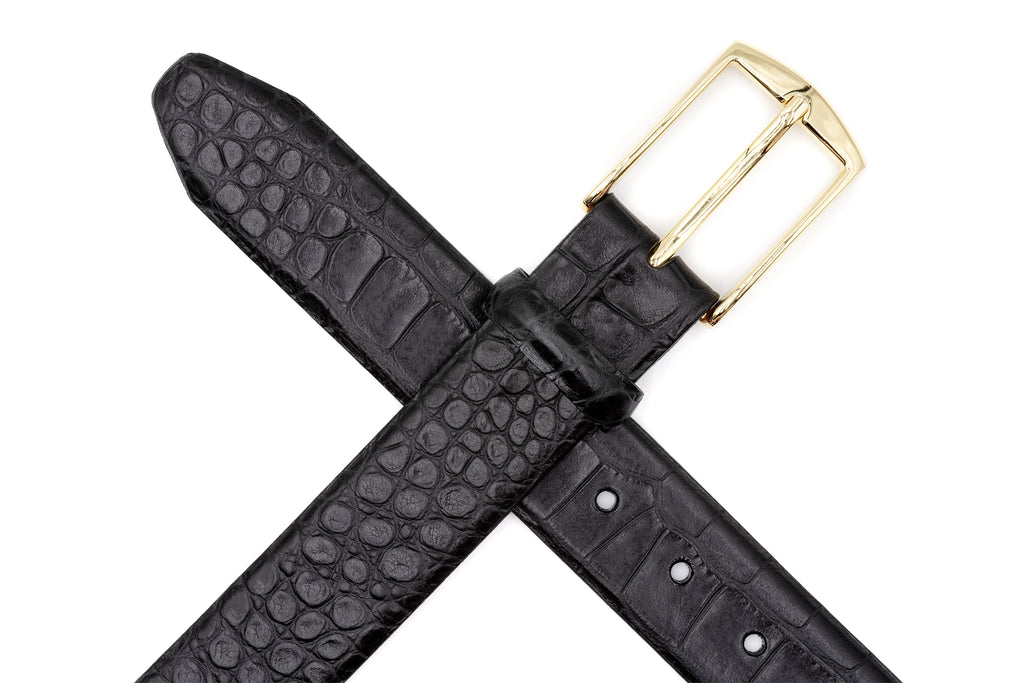 William 2 Buckle Alligator Grain Italian Calf Leather Belt - Black