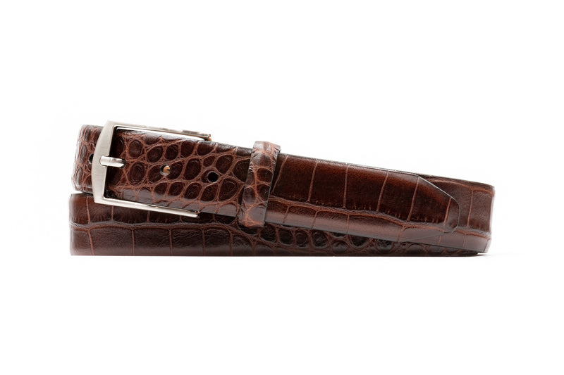 William 2 Buckle Italian Alligator Grain Leather Belt - Brown