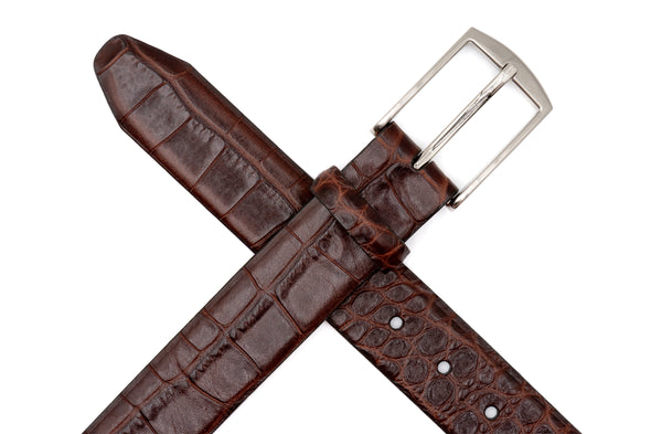 William 2 Buckle Italian Alligator Grain Leather Belt - Brown