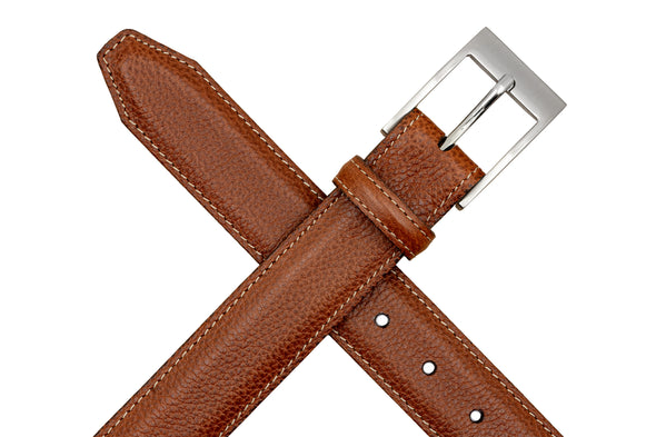 Delaney 2 Buckle Scotch Grain Leather Belt - Almond