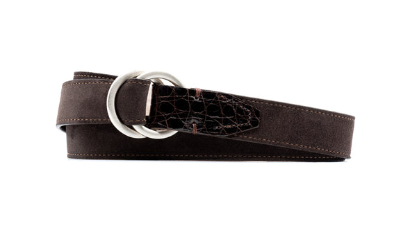 Harrison O-Ring Italian Calf Suede Belt - Walnut with Genuine American Alligator Trim