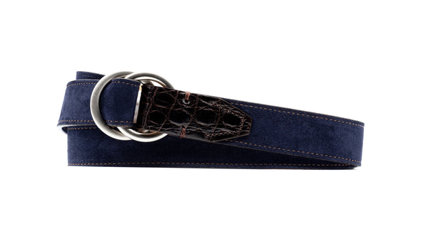 Harrison O-Ring Italian Calf Suede Belt - Navy with Genuine American Alligator Trim
