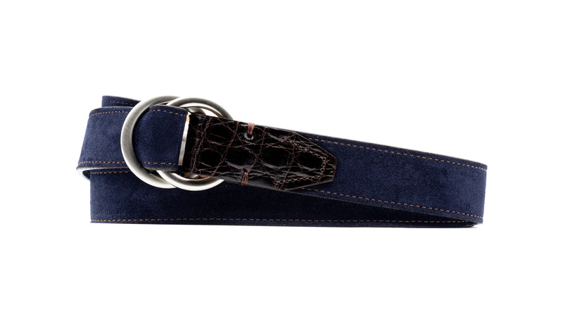 Harrison O-Ring Italian Calf Suede Belt - Navy with Genuine American Alligator Trim