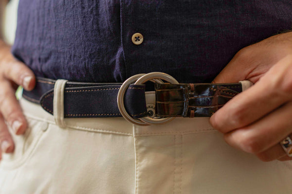 Harrison O-Ring Italian Calf Suede Belt - Navy