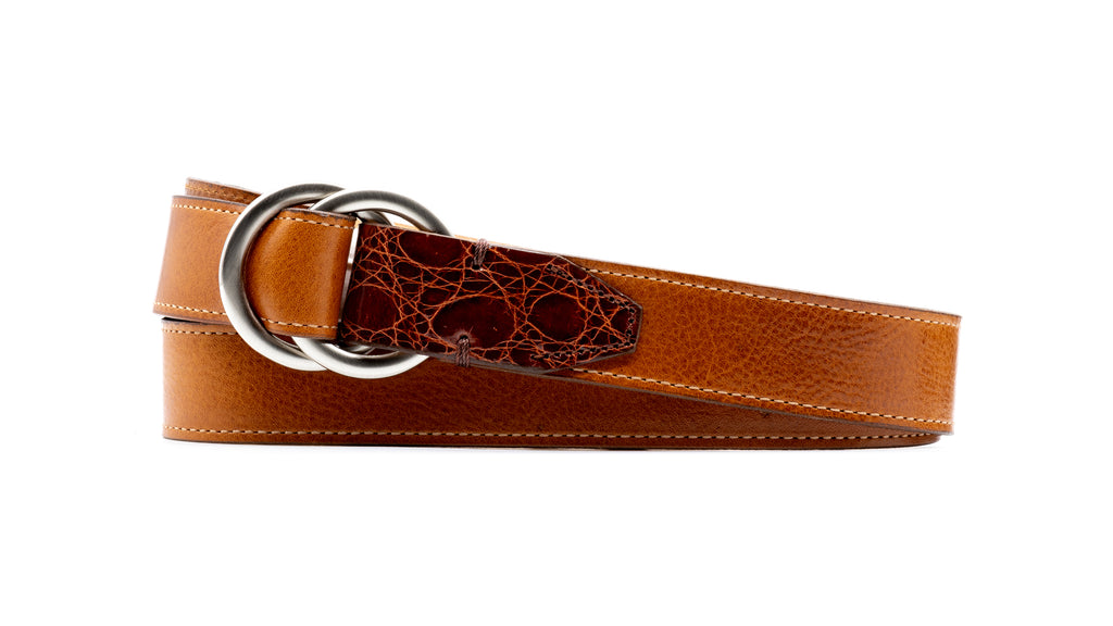 Harrison O-Ring Italian Calf Leather Belt - Whiskey with Genuine American Alligator Trim