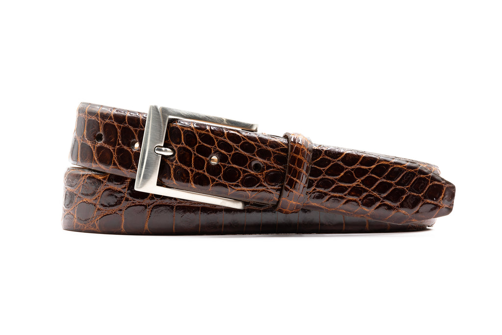 Hand Glazed American Alligator Leather Belt - Brandy