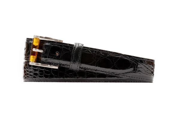 Wallace 2 Buckle South American Crocodile Leather Belt - Black