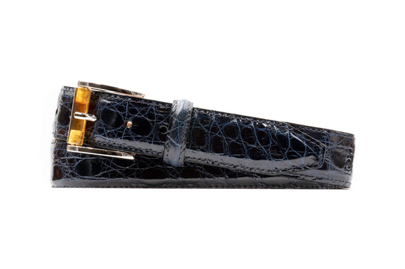 Wallace 2 Buckle South American Crocodile Leather Belt - Navy