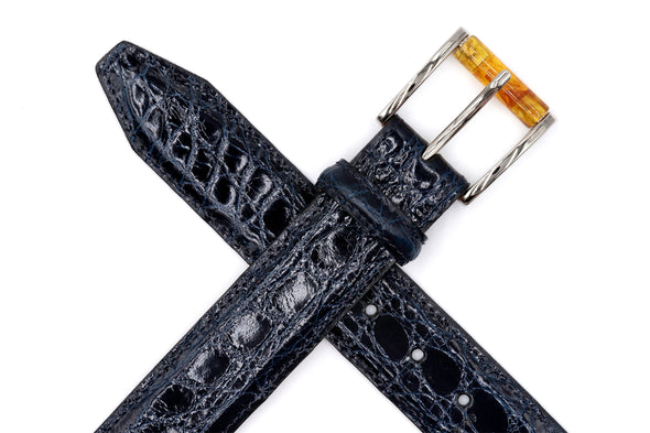 Wallace 2 Buckle South American Crocodile Leather Belt - Navy