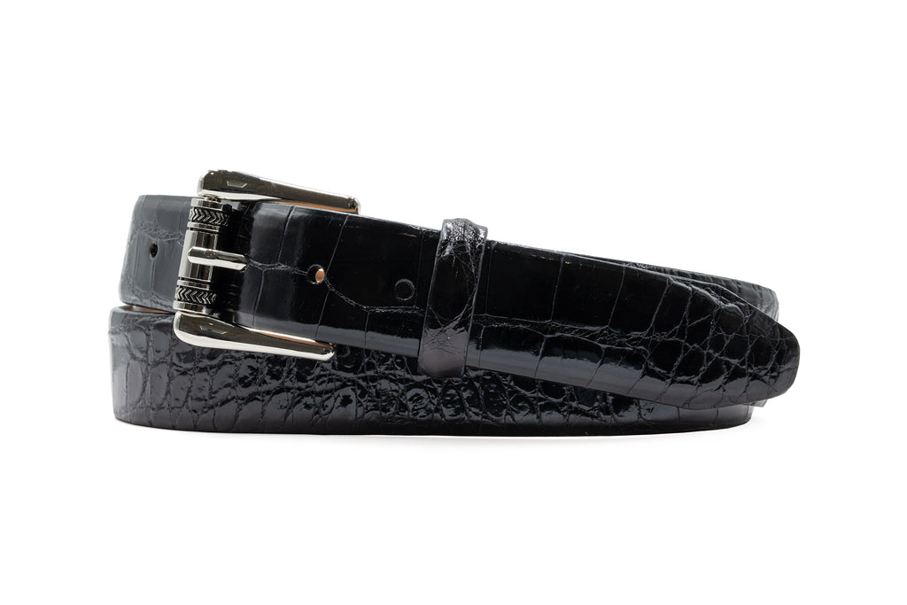 Jefferson 2 Buckle Glazed Genuine American Alligator Belt - Black with brushed nickel finish roller buckle