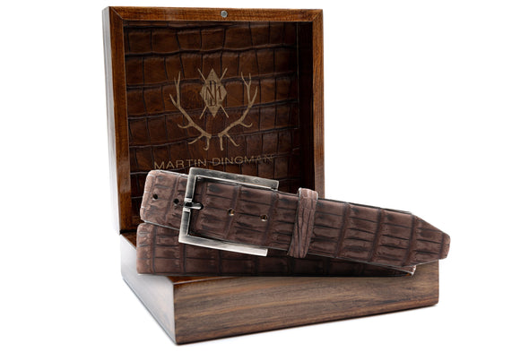 Nubuck Genuine American Alligator Belt - Walnut in front of Martin Dingman Solid Wood Display Box