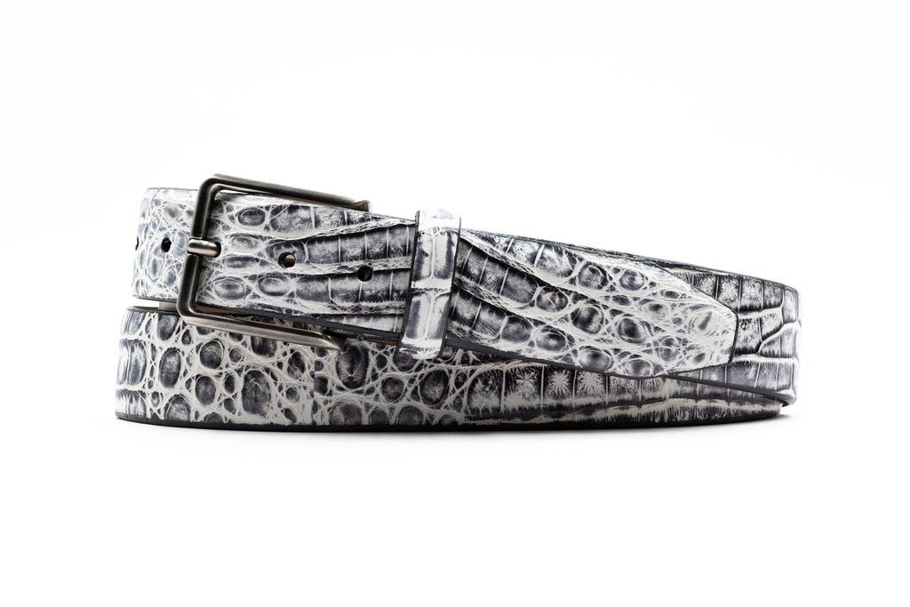 Hand Painted Caiman Crocodile Leather Belt - Pewter