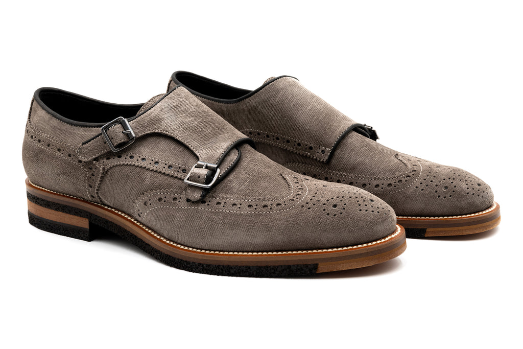 Tuscan Italian Calf Suede Leather Double Monk - Stone