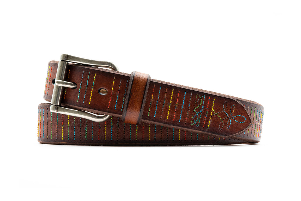 Artisan Multi Stitch Italian Bridle Leather Belt - Chestnut with Space Dyed Stitch Detail