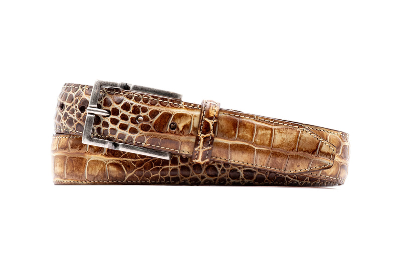 Arthur Alligator Grain Italian Saddle Leather Belt - Weathered Oak