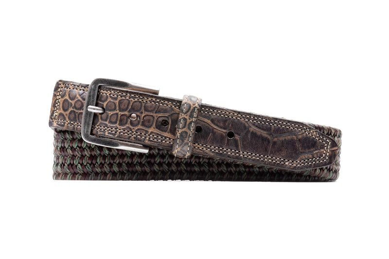 Madison Italian Leather & Cotton Elastic Strap Belt - Old Wood