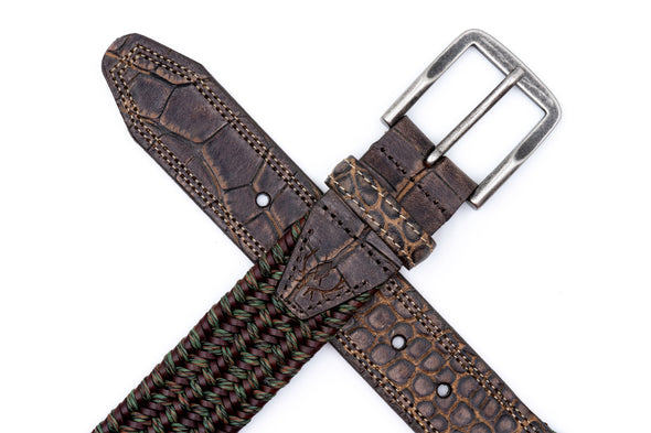 Madison Italian Leather & Cotton Elastic Strap Belt - Old Wood