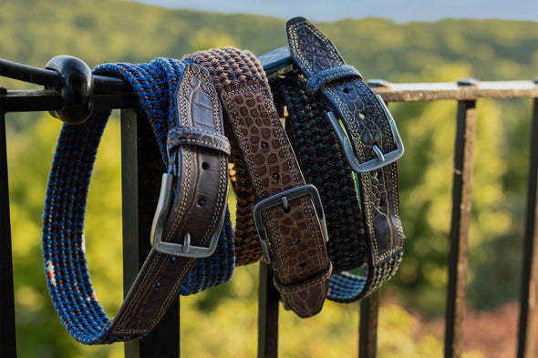 Madison Italian Leather & Cotton Elastic Strap Belt - Old Wood
