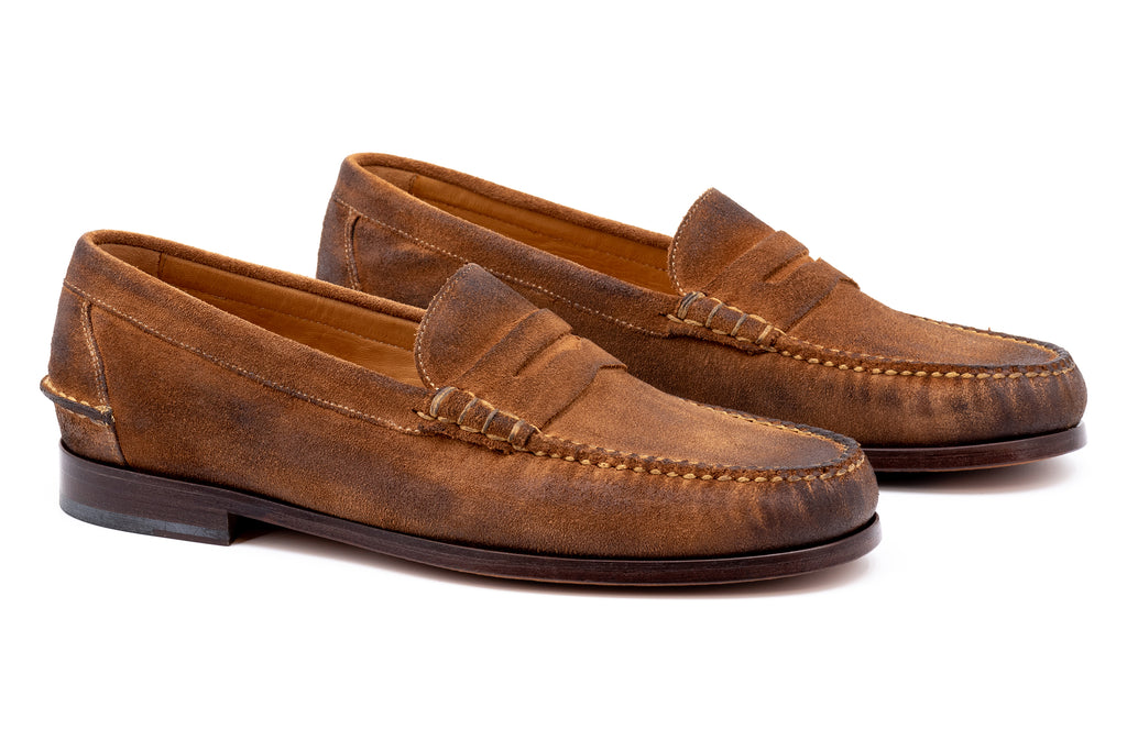 All American Waxed Water Repellent Suede Penny Loafers - Tobacco