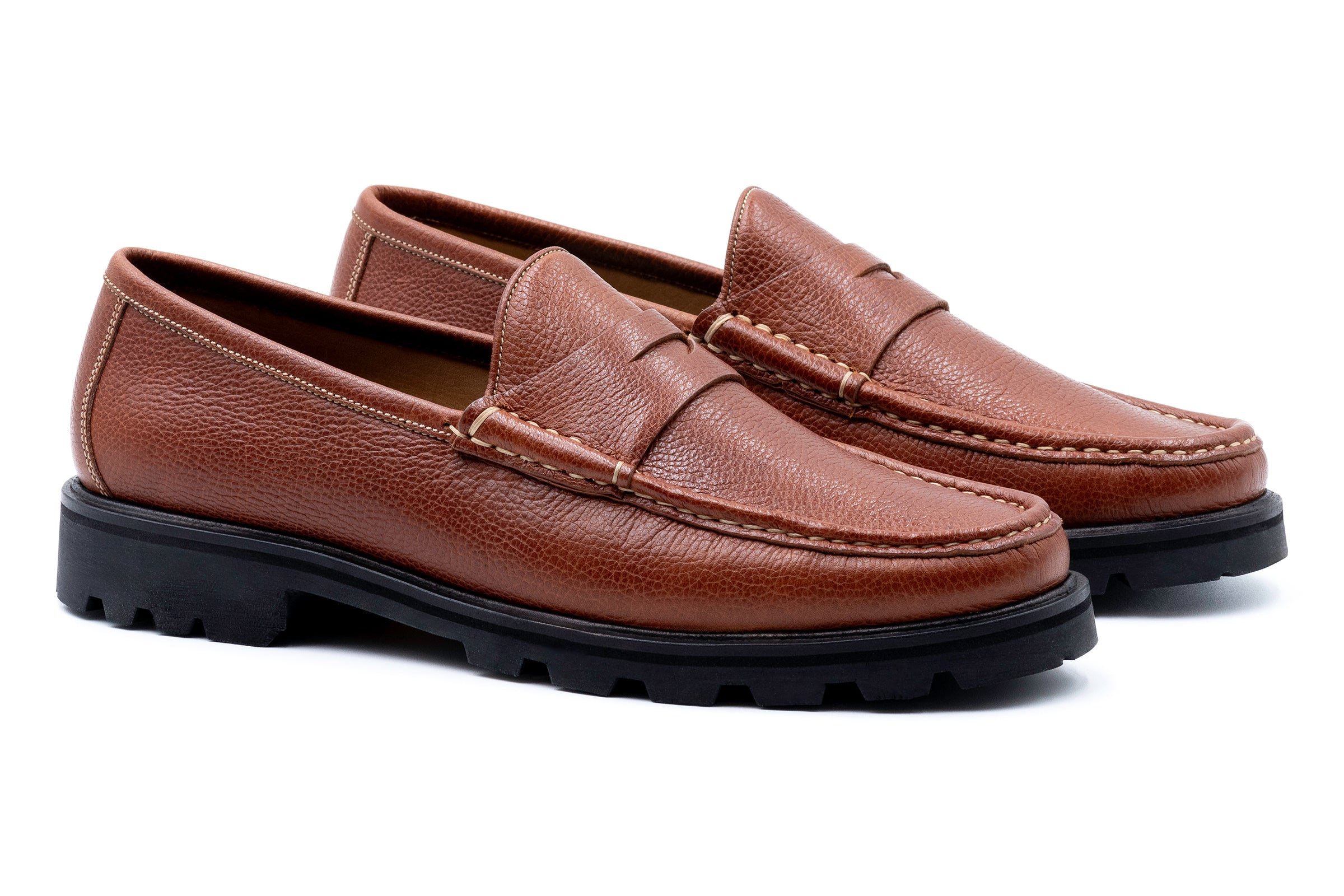 Addison Lug Pebble Grain Penny Loafers - Oak | Martin Dingman display picture 1