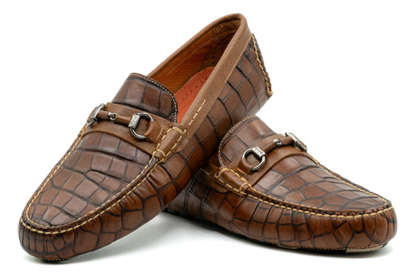 Monte Carlo Alligator Grain Horse Bit Driving Loafers - Chestnut
